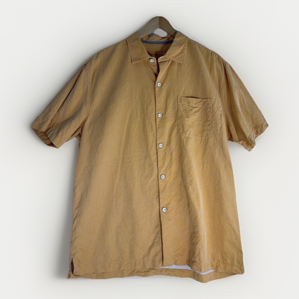 Tommy Bahama Shirt Mens Large Yellow Silk Short Sleeve Button Front Casual